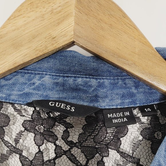 Guess | Denim Chambray Long Sleeve Pearl Snap Shirt Top Black Lace Yoke 14 - Picture 2 of 10